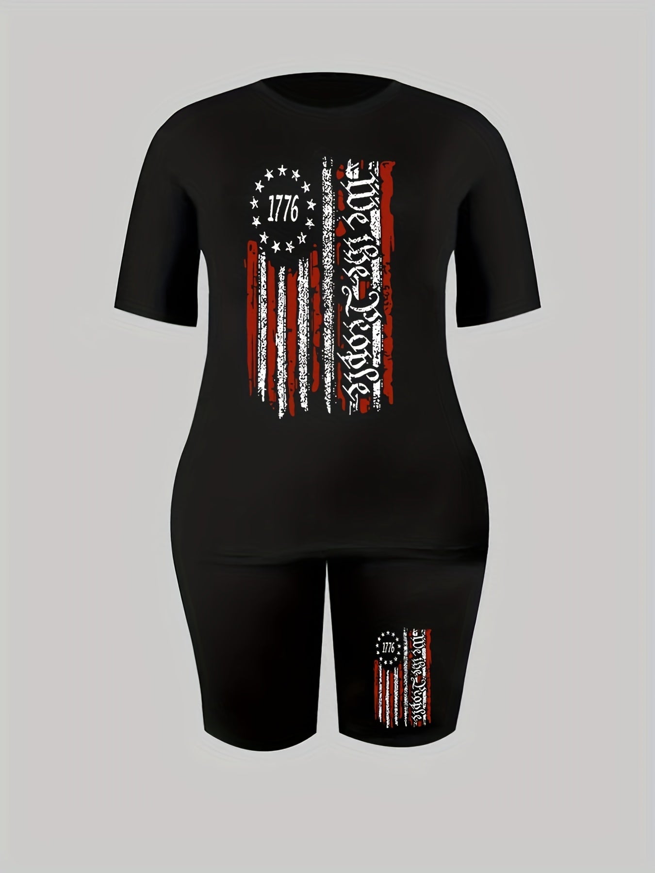 Women's Plus Flag & Letter Print Crew Neck Top & Shorts Outfit Set