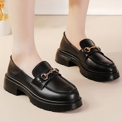 Women's Chunky Heel Loafers Buckle Round Toe Slip-On Shoes