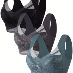 3pcs Lace Wireless Bras Full Coverage Comfy & Breathable