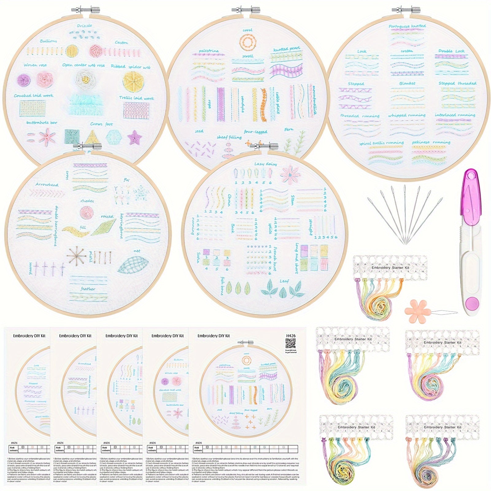 5 Sets Embroidery Starters Kit For Beginners - Stamped Cross Stitch