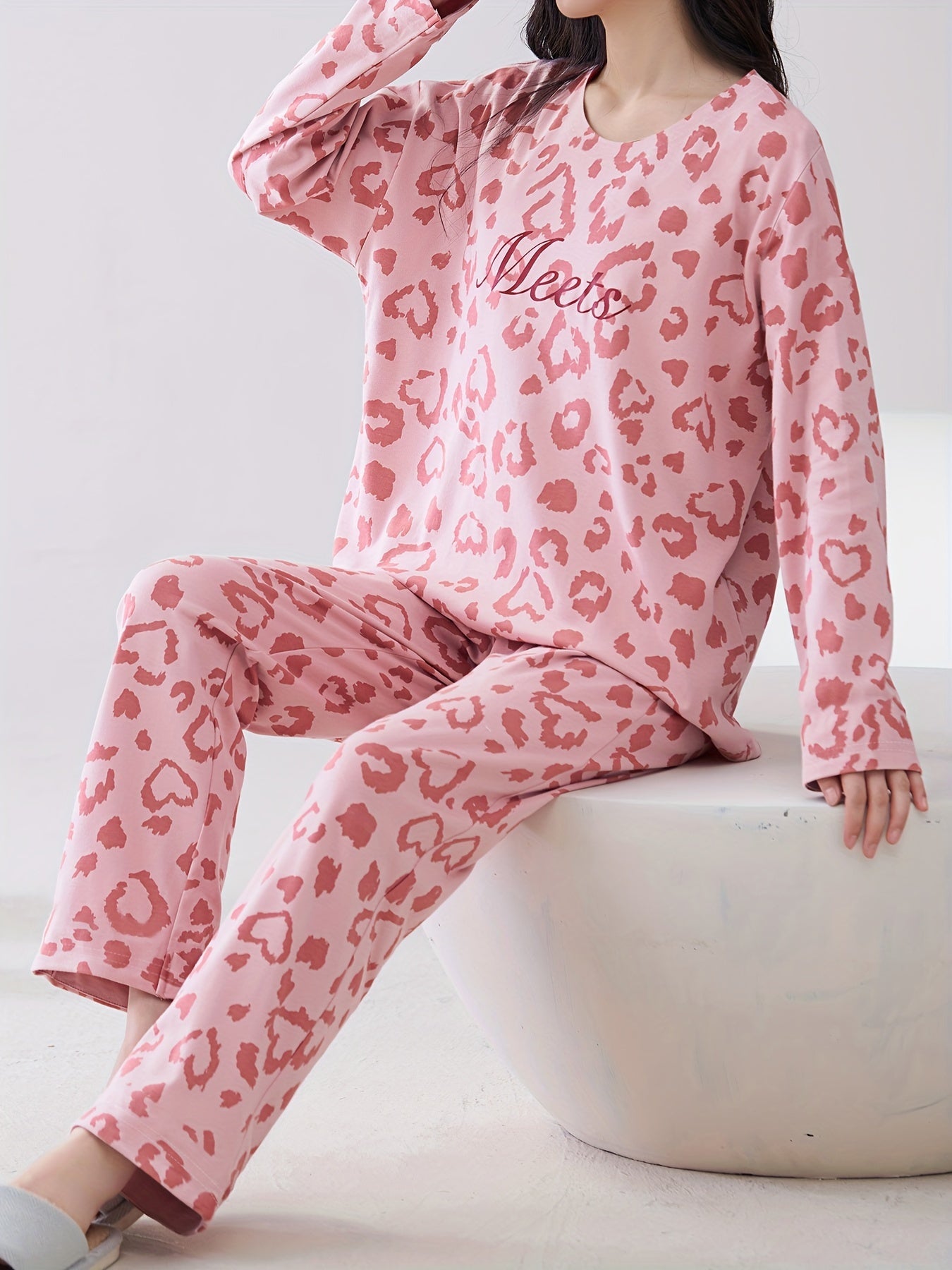 Leopard Print Pajama Set Long Sleeve Top & Elastic Waistband Pants
