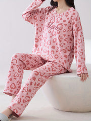 Leopard Print Pajama Set Long Sleeve Top & Elastic Waistband Pants