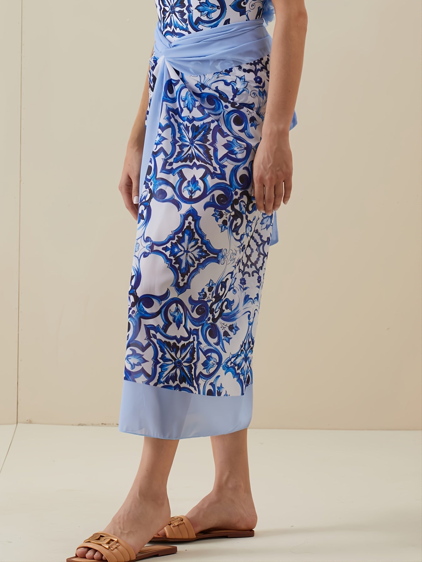 Floral Scarf Print Ruched Waist Knot Front Beachwear Cover Up