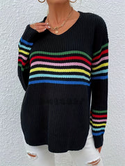 Rainbow Stripe Pullover Sweater V Neck for Women