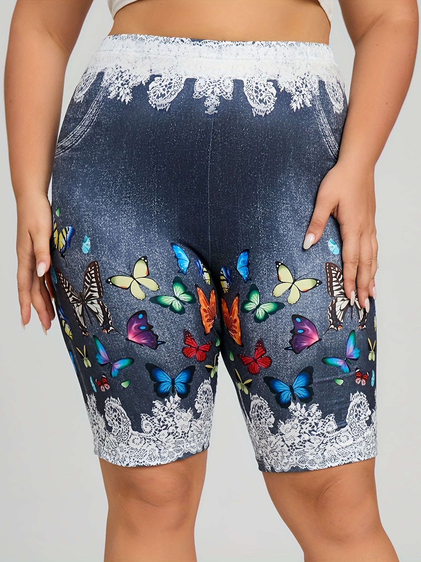 Women's Plus Denim & Butterfly Print High Rise Skinny Shorts
