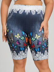 Women's Plus Denim & Butterfly Print High Rise Skinny Shorts