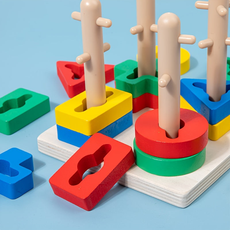 Wooden Geometric Shape Sorter Puzzle with Stacking Rings