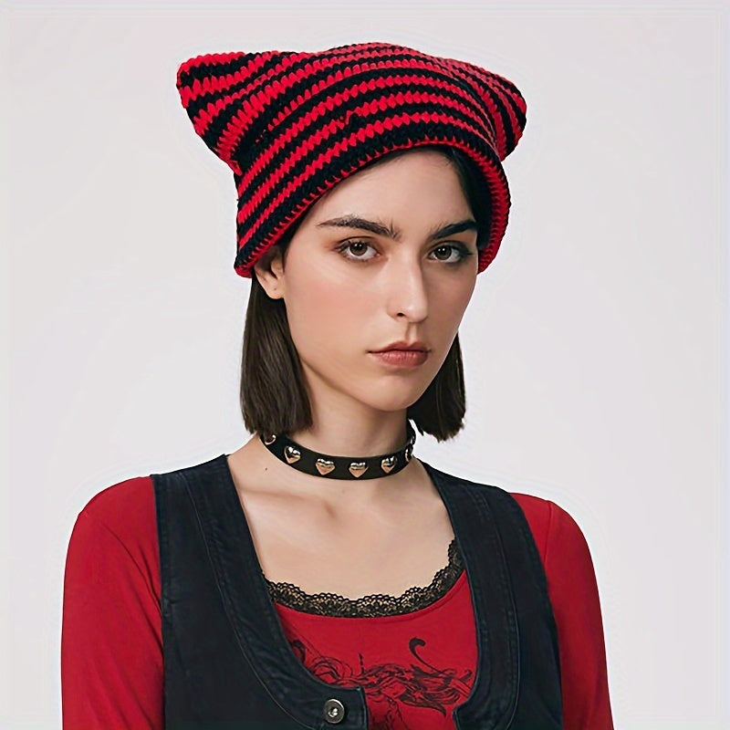 Cat Ears Stripe Knitted Hat Warm And Comfortable Ski Hat