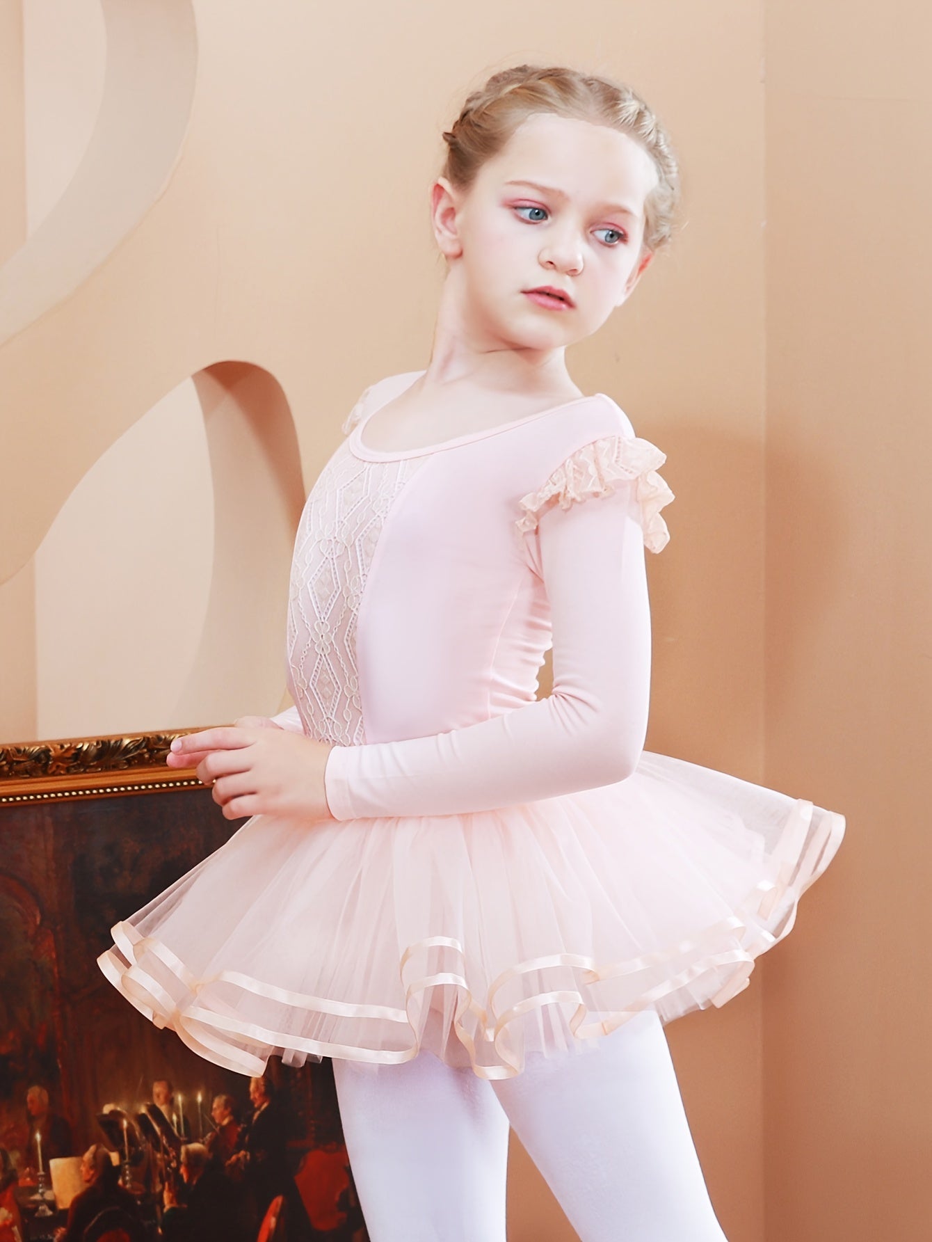Cotton Girls Flutter Trim Long Sleeve Ballet Leotard Dress