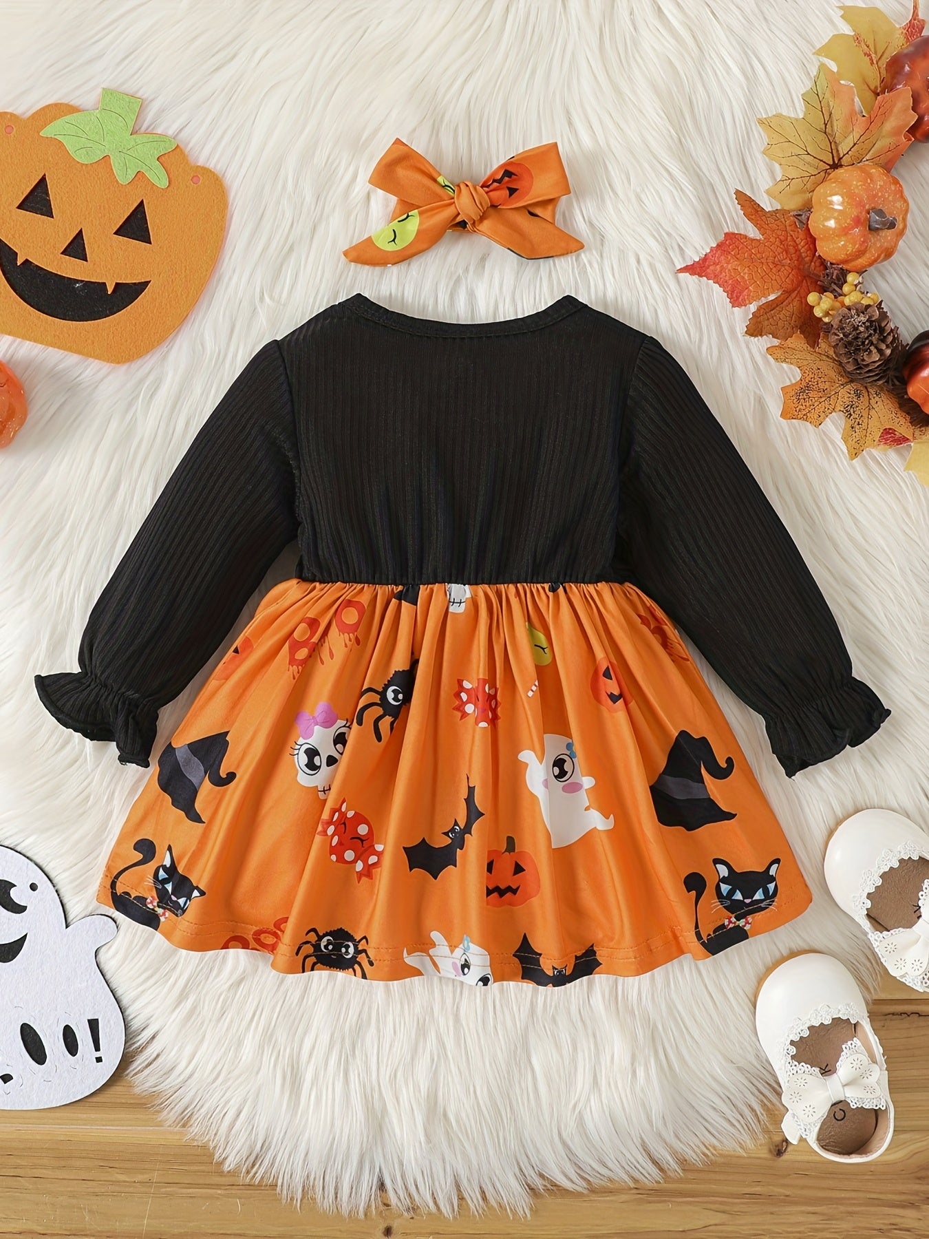 Halloween Baby Girls Long Sleeve Dress Cartoon Animal Print