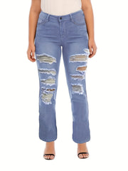 Women's Plus Washed Ripped High Stretch Jeans