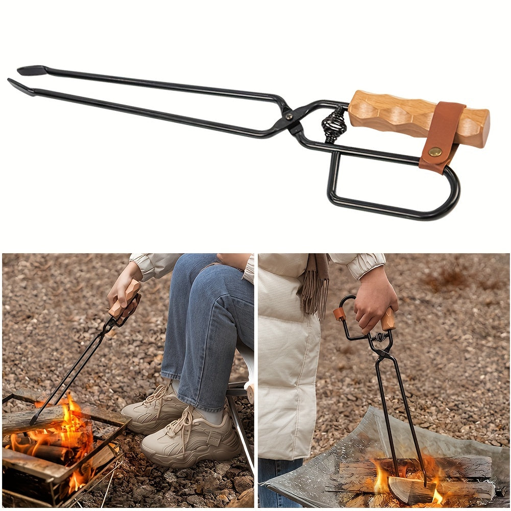Metal & Wooden BBQ Charcoal Tongs - Outdoor Camping & Grilling