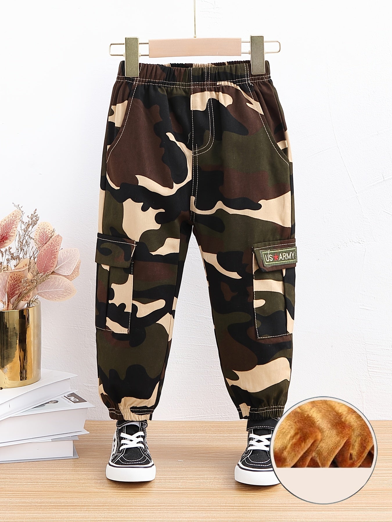 Boys Camo Cargo Pant Plush Warm Winter Trousers Kids Clothes