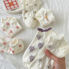 5 Pairs Floral Print Socks Comfy Ruffle Low Cut Ankle Socks Women's Stockings