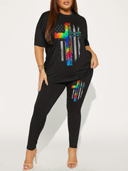 Cross & Flag Print 2-Piece Set Crew Neck Short Sleeve T-shirt & Slim Pants