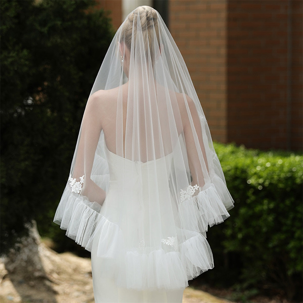 Ruffled Mesh Bridal Veil with Floral Embellishments