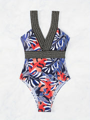 Leaf Print Deep V Neck One Piece Swimsuit for Women