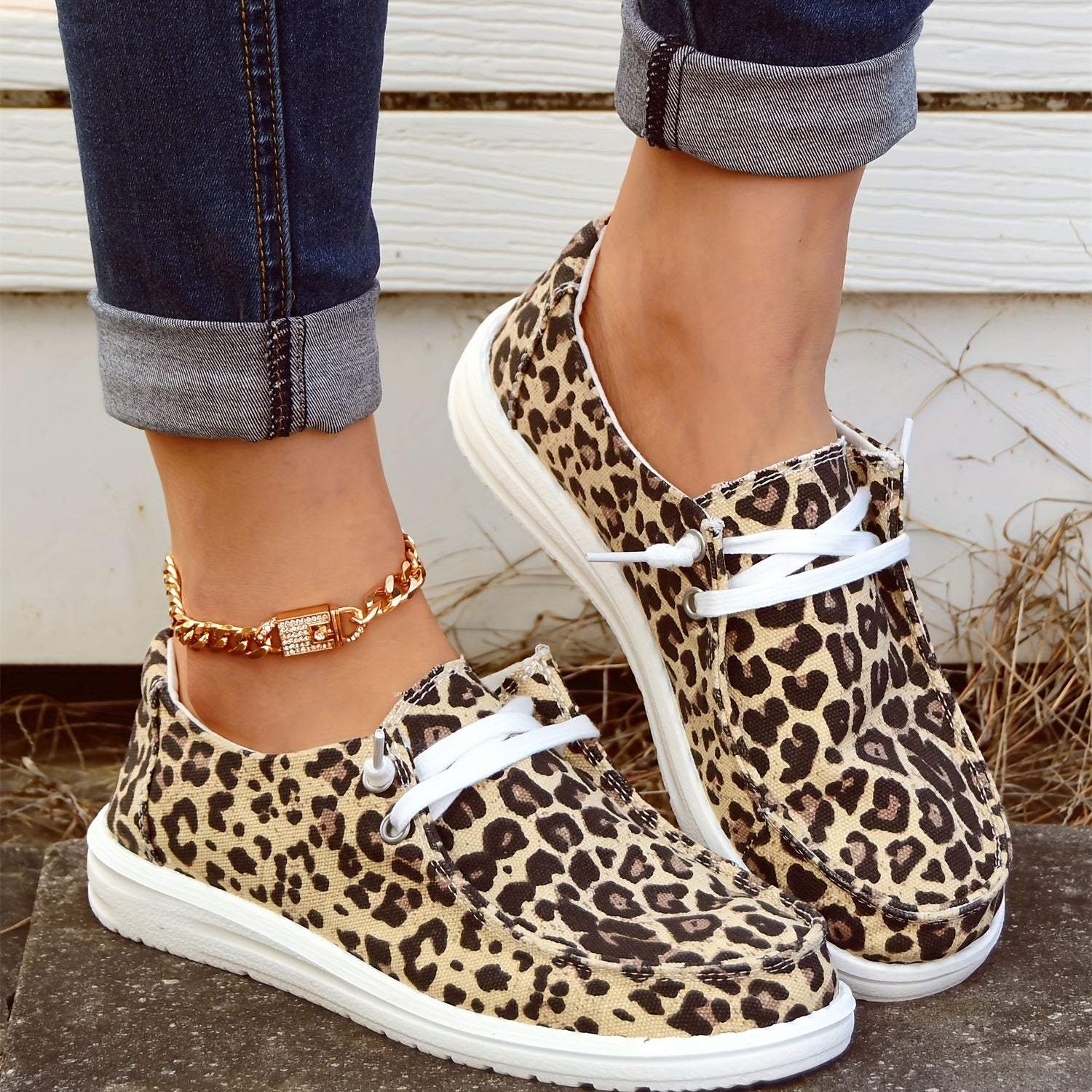 Leopard Print Boat Shoes Lace Up Flat Canvas Shoes
