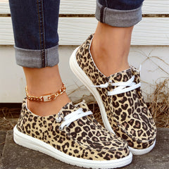 Leopard Print Boat Shoes Lace Up Flat Canvas Shoes
