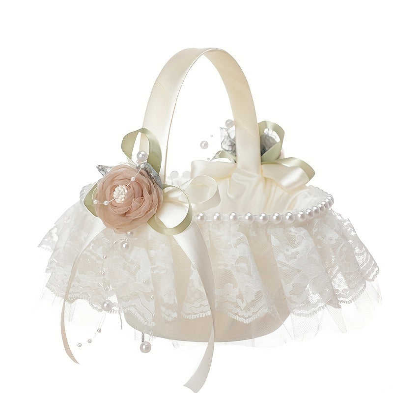 Wedding Flower Basket Beaded Petals Basket Satin Bridal Basket With Handle