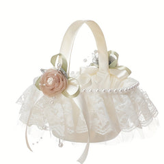 Wedding Flower Basket Beaded Petals Basket Satin Bridal Basket With Handle