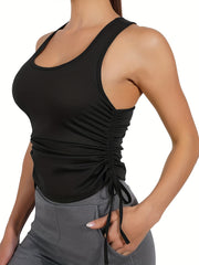 Pleated Drawstring Side Tank Top Sleeveless Racer Back Yoga Sports Top