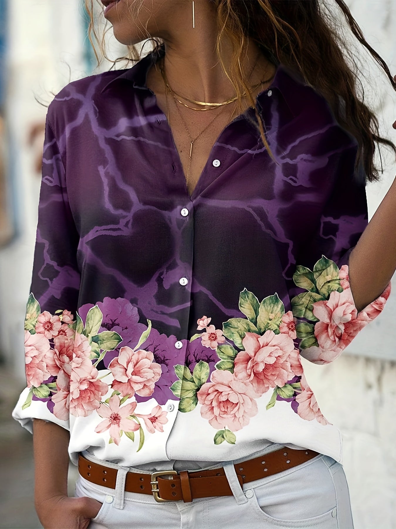 Colorblock Floral Button Up Blouse