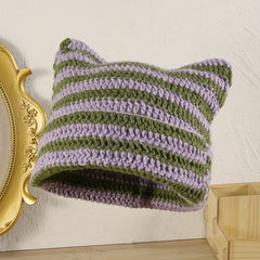 Striped Cat Ears Y2K Beanie Double Knitted Monster Warm Skull Cap
