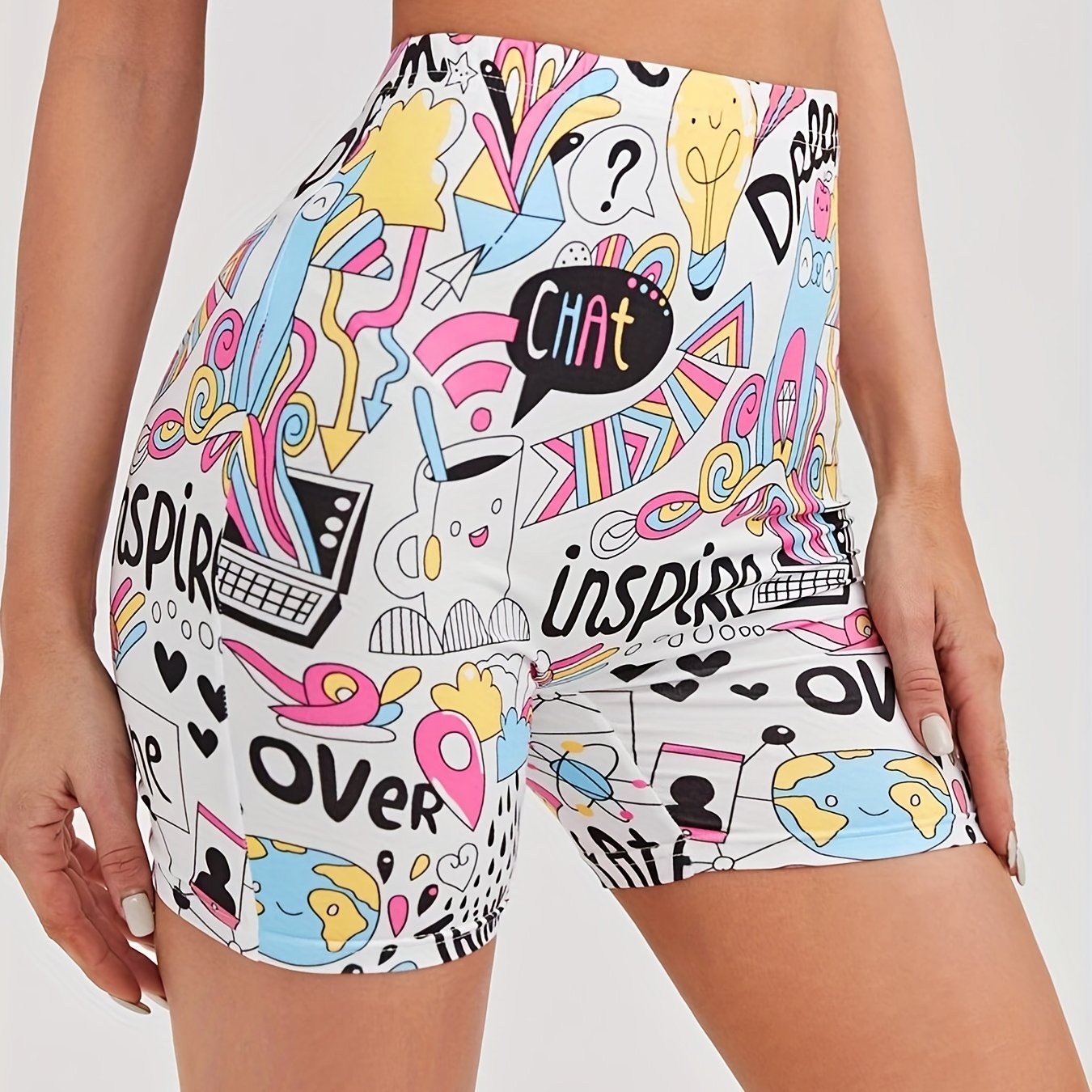Cartoon Print Skinny Bike Shorts High Waist Summer Sports Casual Shorts