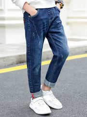 Boys Casual Letter Print Denim Long Pants With Pocket