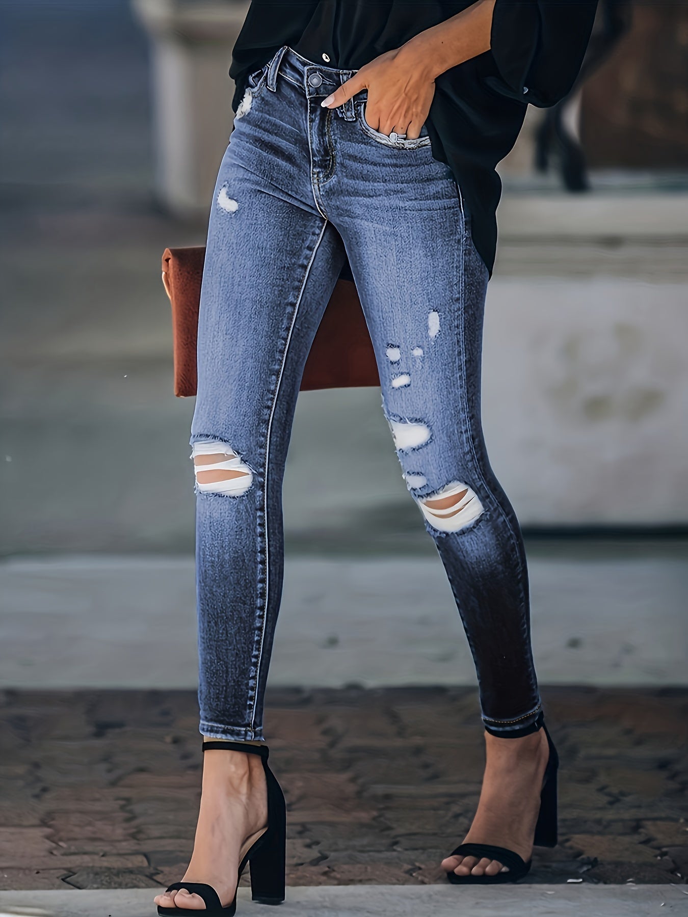 Ripped Knee Skinny Jeans Embossed Pants