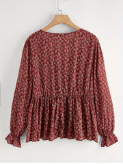 Boho Peplum Floral Blouse V-Neck Tie Front Top