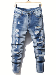 Men's Ripped Straight Leg Jeans Slim Fit Denim Pants