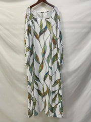 Leaf Print Long Sleeve Pleated Maxi Dress