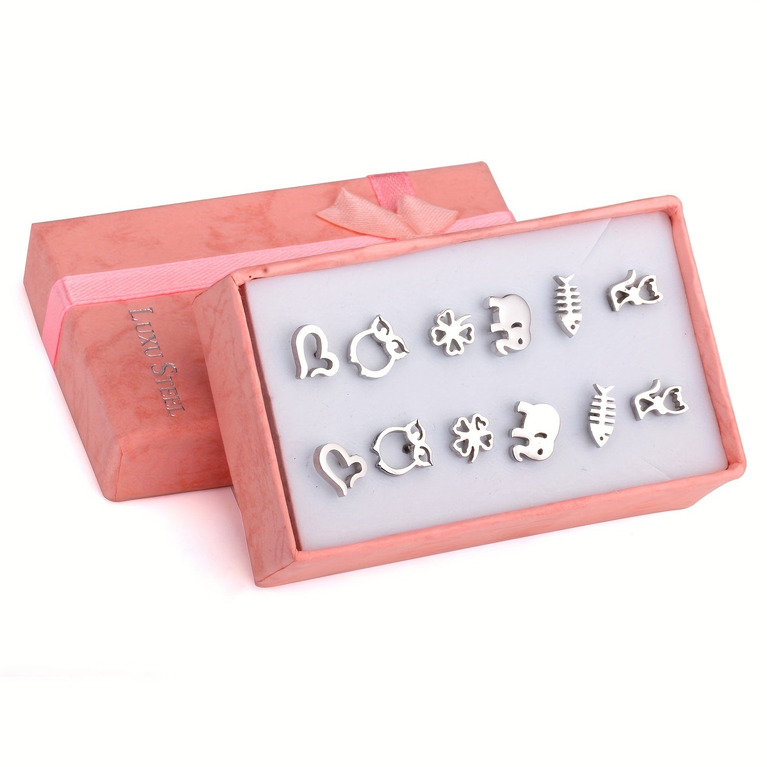 6Pairs Box Stainless Steel Cat Clover Heart Stud Earrings Set For Girls