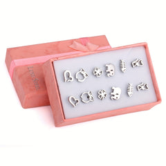 6Pairs Box Stainless Steel Cat Clover Heart Stud Earrings Set For Girls