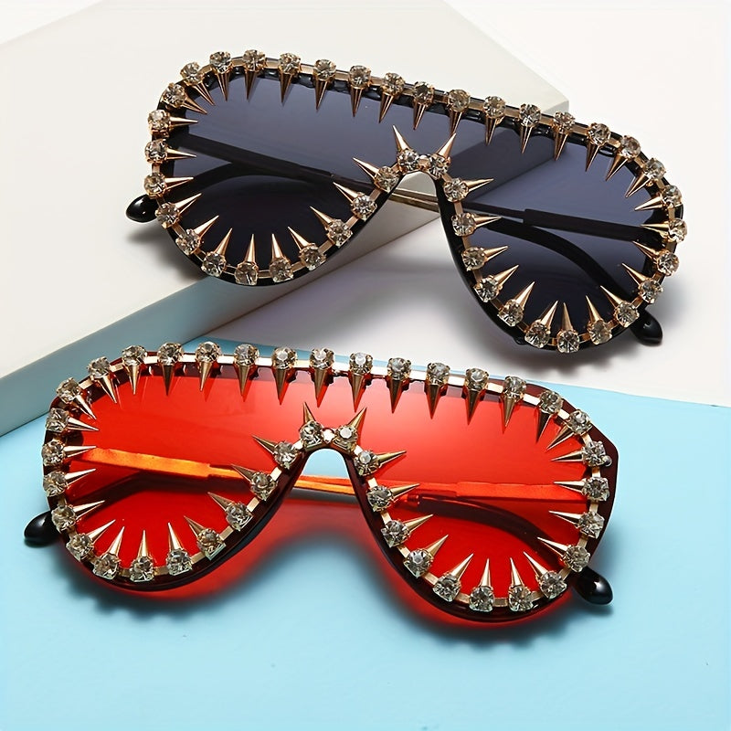 Flat Top Shield Sunglasses Tinted Lens Rivet & Rhinestone Decor UV400