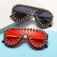 Flat Top Shield Sunglasses Tinted Lens Rivet & Rhinestone Decor UV400