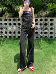 Loose Fit Denim Jumpsuit Adjustable Straps Non Stretch Overalls