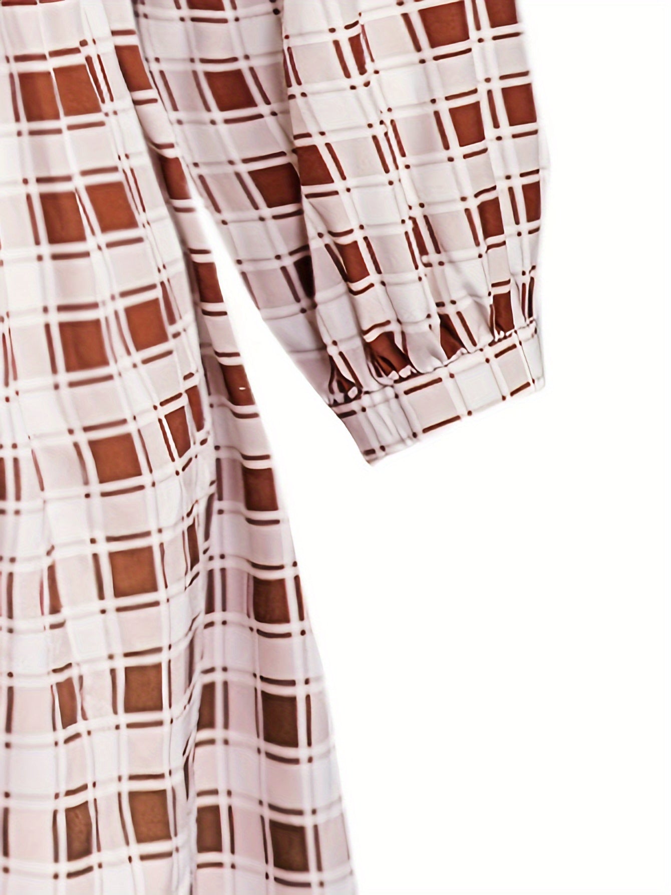 Plus Gingham Print Long Sleeve Round Neck Mini Dress