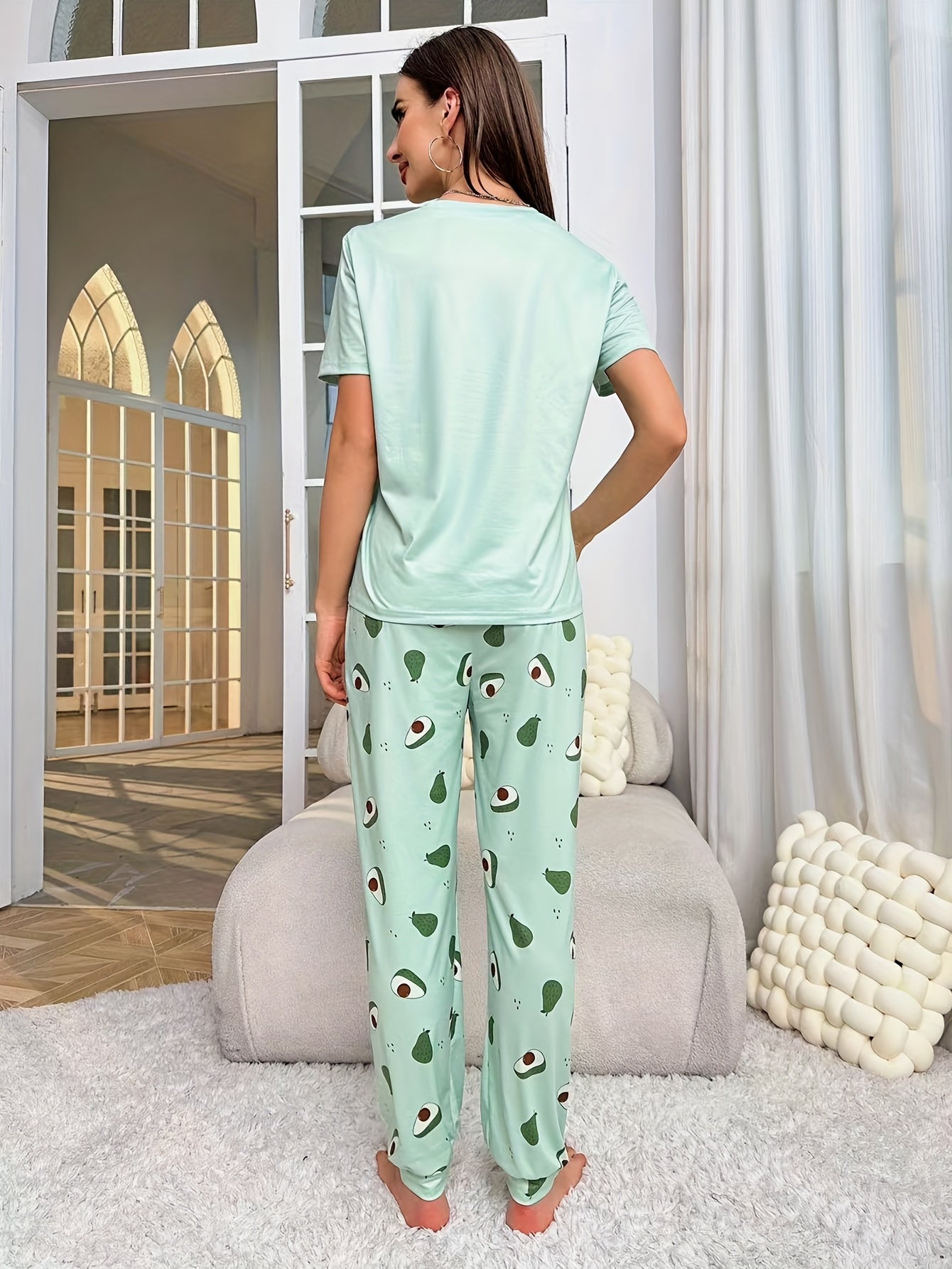 Avocado Print Pajama Set Short Sleeve Top & Pants Women's Sleepwear