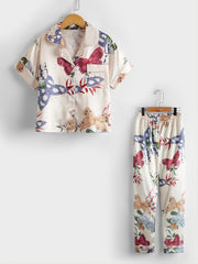Beige Butterfly Flowers Lapel Short Sleeved Pants Casual Home Wear Set