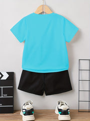 Boys Car Graphic Outfit Short Sleeves Round Neck T shirt & Shorts