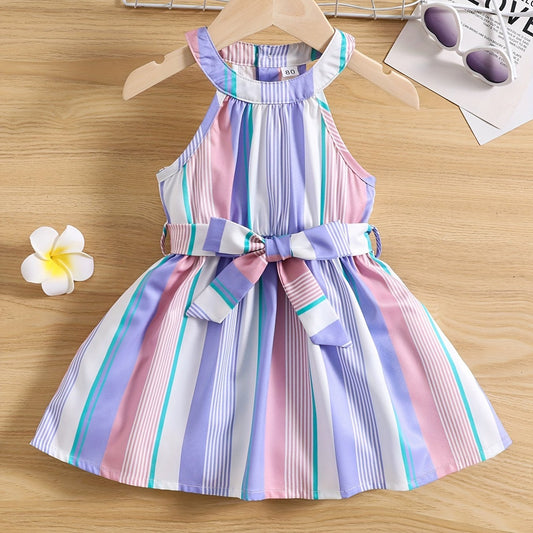 Toddler Girl's Striped Sleeveless Ruffle Dress with Belt