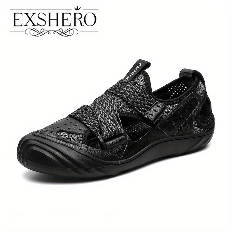 EXSHERO Men's Cowhide Leather Sandals Closed Toe Non slip Outdoor Beach Shoes