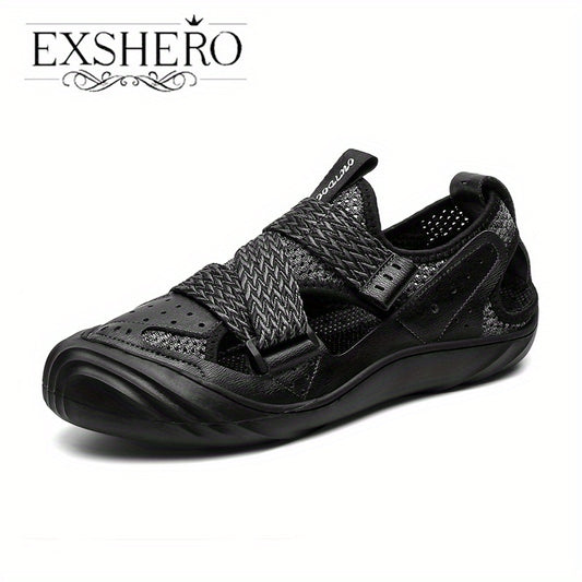 EXSHERO Men's Cowhide Leather Sandals Closed Toe Non slip Outdoor Beach Shoes