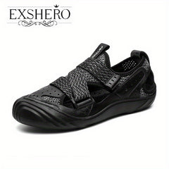 EXSHERO Men's Cowhide Leather Sandals Closed Toe Non slip Outdoor Beach Shoes
