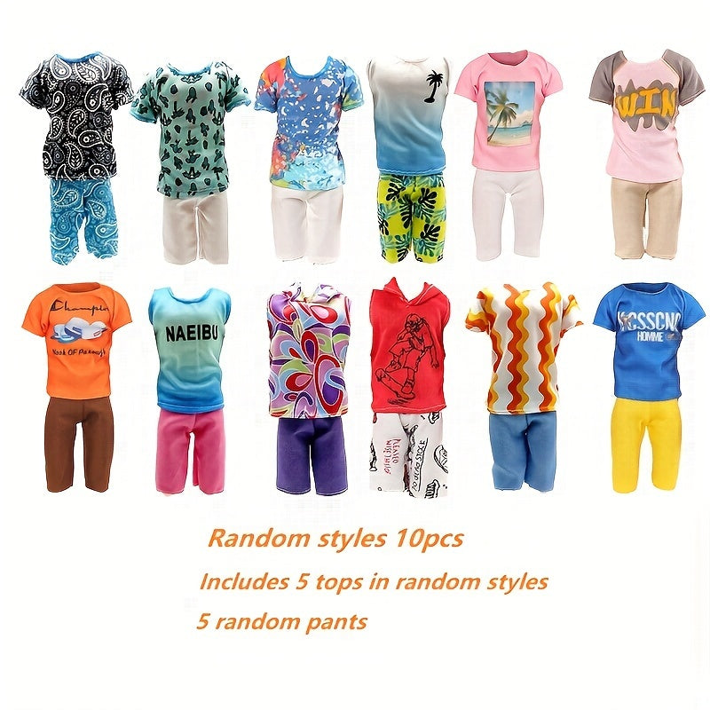 10pcs 11.8 Inch Male Doll Clothing Set - 5 Tops 5 Pants