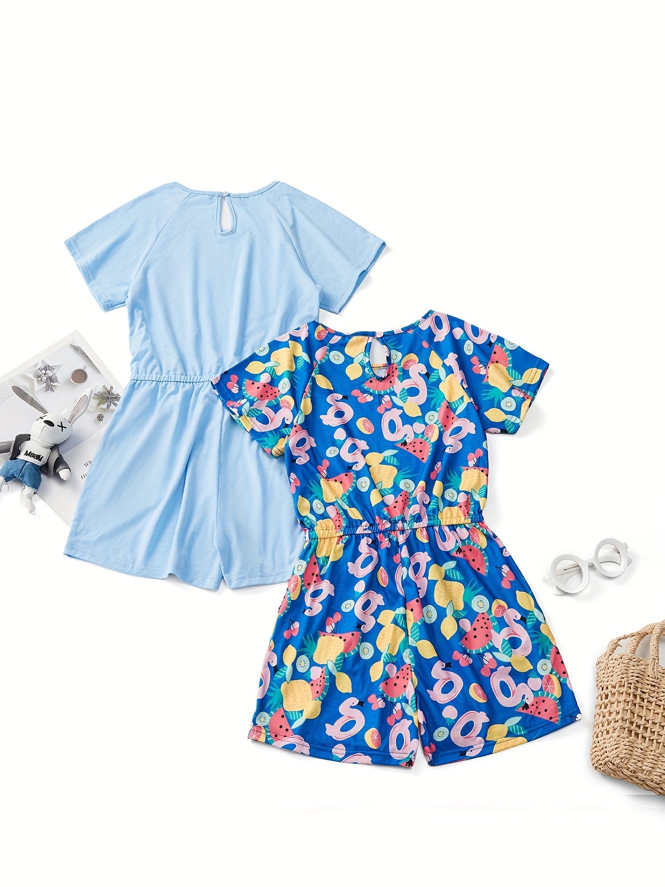 Girls Short Sleeve Fruit Graphic Rompers Jumpsuits Set