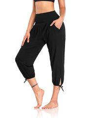 Solid Lace Up Cropped Pants Loose High Stretch Running Pants Women's Activewear